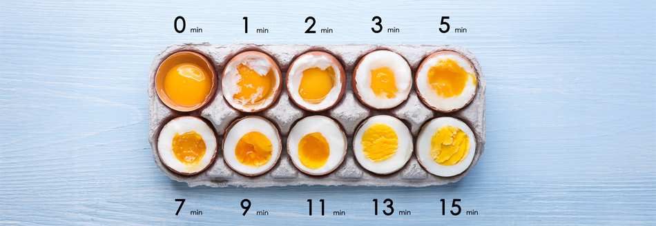 Zehn Eier im Karton wurden unterschiedlich lange gekocht. Sie sind roh bis sehr hart.