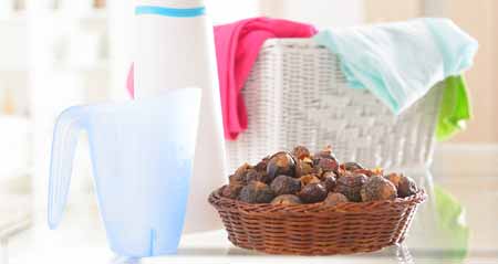 Biowaschmittel: Waschnüsse liegen neben Waschmittel