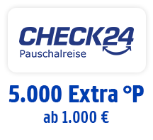 Jetzt bei CHECK24 Pauschalreise 5000 Extra-Punkte ab 1000 € Reisewert. Hier klicken.