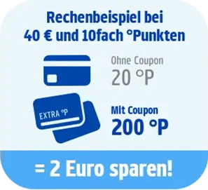 Rechenbeispiel bei 40 € und 10fach °Punkten = ohne Coupon 20 °P & mit Coupon 200 °P ergibt eine Ersparnis von 2 €