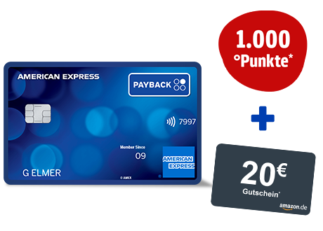 PAYBACK American Express Karte: PAYBACK American Express Karte: 1.000 Extra-Punkte und ein 20€ Amazon Gutschein. Dauerhaft ohne Jahresgebühr. Es gelten Bedingungen. 