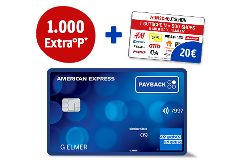 PAYBACK American Express Karte: 1.000 Extra-Punkte und ein 20€ Wunschgutschein. Dauerhaft ohne Jahresgebühr. Es gelten Bedingungen. 