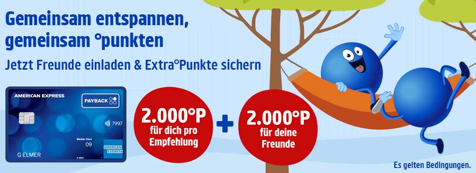 PAYBACK Amex Karte an Freunde empfehlen: 2000 Punkte für dich pro Empfehlung. 2000 Punkte für deine Freunde. Jetzt informieren.