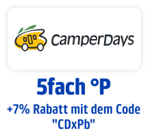 Jetzt bei CamperDays 5fach punkten und 7% Rabatt. Hier klicken.