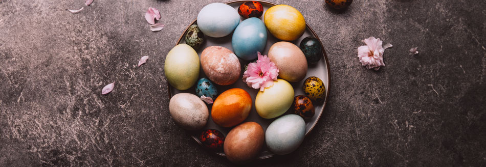 Eier natürlich färben: Bunte Eier liegen nebeneinander