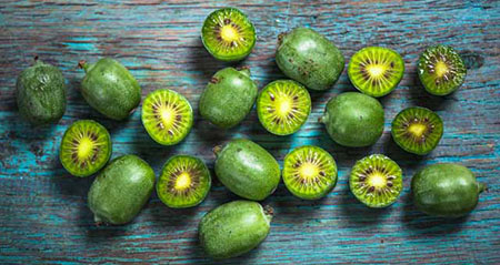 Kiwibeeren liegen z. T. aufgeschnitten auf blauem Untergrund