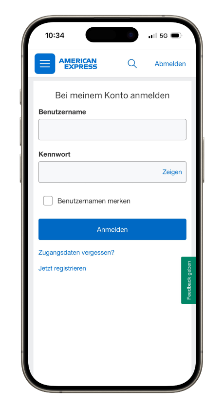 1. Melde dich in deinem American Express Kartenkonto an