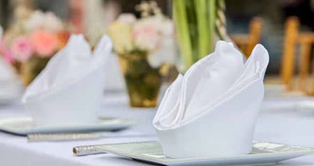 Eine gefaltete Serviette steht auf einem Teller