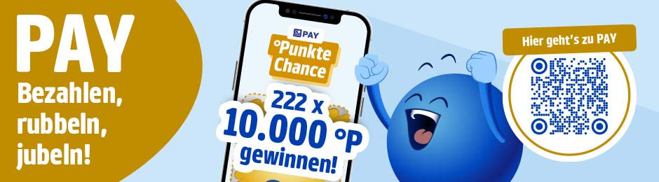 Jetzt bis 28.06.26 bei jeder PAY Zahlung zusätzlich punkten. Mit etwas Glück 222mal 10.000 Extrapunkte gewinnen.