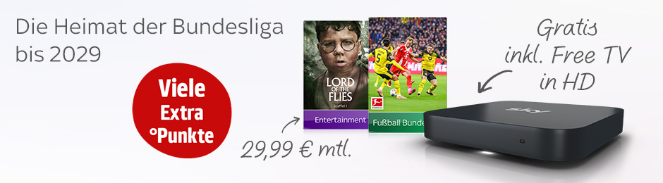 Viele Extra Punkte mit dem Sky Entertainment & Fußball Bundesliga Paket für nur 29,99€ monatlich.