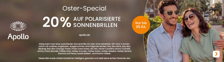 Oster-Special bei Apollo. 20% auf polarisierte Sonnenbrillen. Nur bis 05.04.2026.