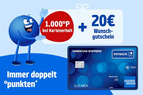 PAYBACK American Express Karte: 1.000 Extra-Punkte und ein 20€ Wunschgutschein. Dauerhaft ohne Jahresgebühr. Es gelten Bedingungen. 