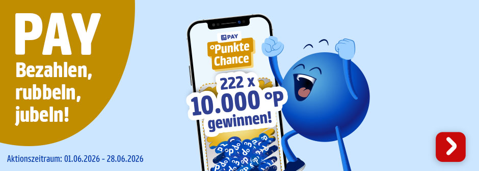 Jetzt bis 28.06.26 bei jeder PAY Zahlung zusätzlich punkten. Mit etwas Glück 222mal 10.000 Extrapunkte gewinnen.
