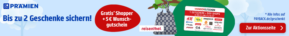 PAYBACK Prämien: Beim Kauf einer Aktionsprämie gibt es einen gratis reisenthel Shopper für dich, Ab der zweiten bestellten Aktionsprämie erhältst du zusätzlich einen 5€ Wunschgutschein! Zur Aktionsseite.